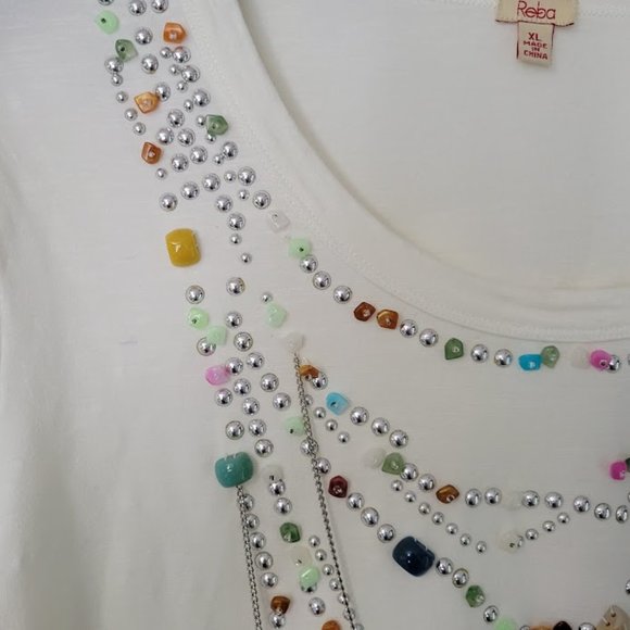 Reba cream‎ tunic top with 3/4 sleeves and beaded strands XL - Picture 4 of 8